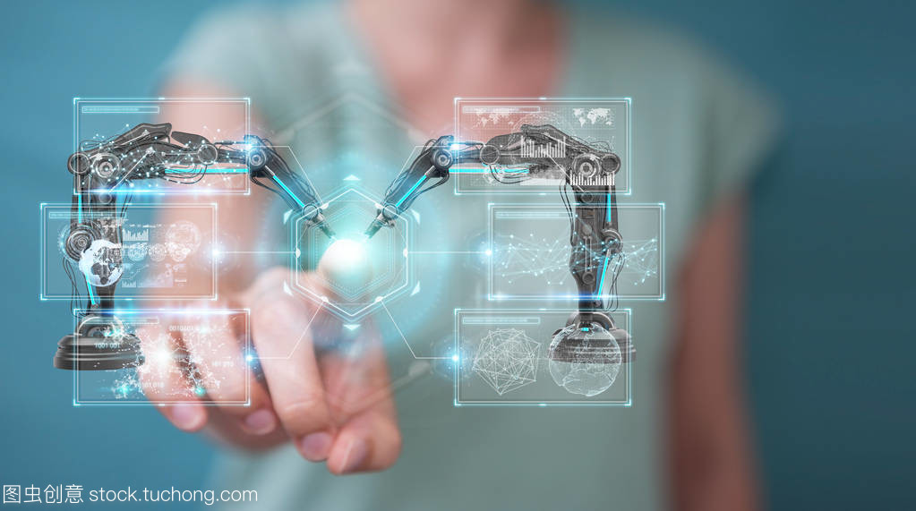 在模糊背景下使用機(jī)器人手臂與數(shù)字屏幕3d 渲染的女實(shí)業(yè)家